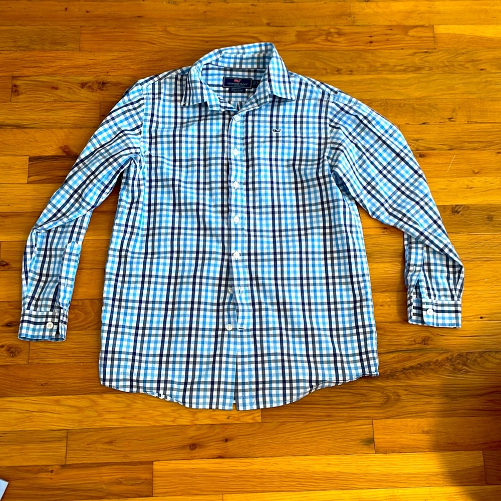Kids large vineyard vines button up long sleeve shirt, color blue